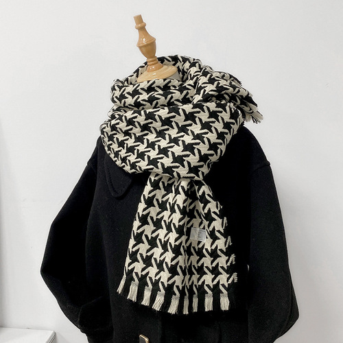 Retro Houndstooth Scarf Women's Winter  New Korean Version Versatile Imitation Cashmere Warm Student Couple Scarf Thick
