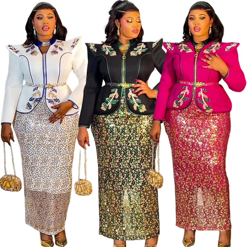 African Cross-Border Aliexpress Women's Clothing Set Plus Size 2026 New Luxury Rhinestone Dress Two-Piece Set African Cross-Border Aliexpress Women's Clothing Set Plus Size 2026 New Luxury Rhinestone Dress Two-Piece Set