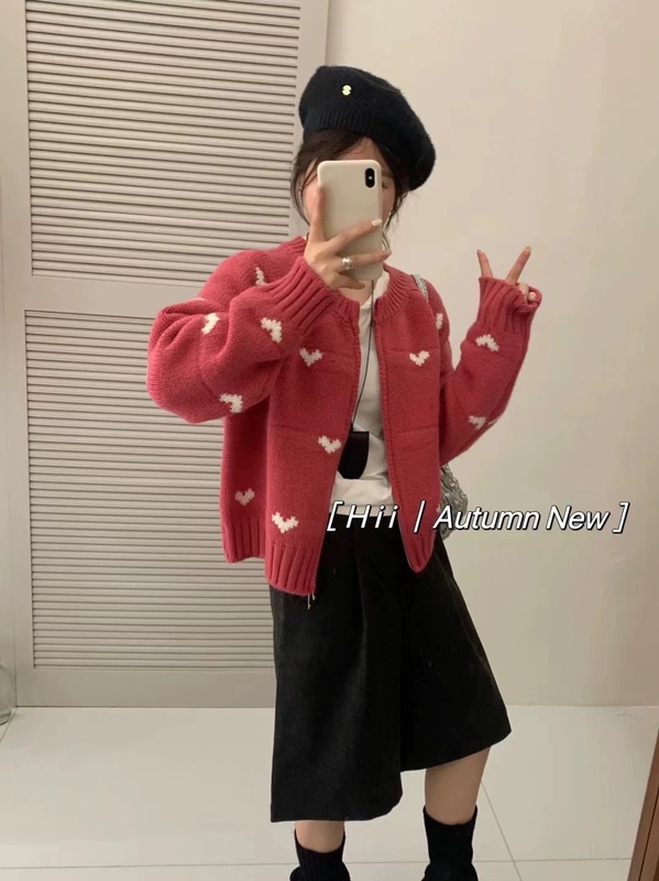 韩系2025秋冬新款厚实拉链针织开衫女圆领爱心提花女式毛衣外套潮|undefined