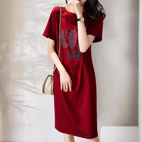 Summer Women's Loose Short Sleeve Slimming Cartoon Print T-Dress for Students and Commute Medium Length Fairy Dress