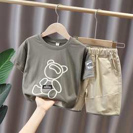 夏季新儿童短袖套装纯色小熊印花男女宝宝T恤+短裤两件套潮流批发