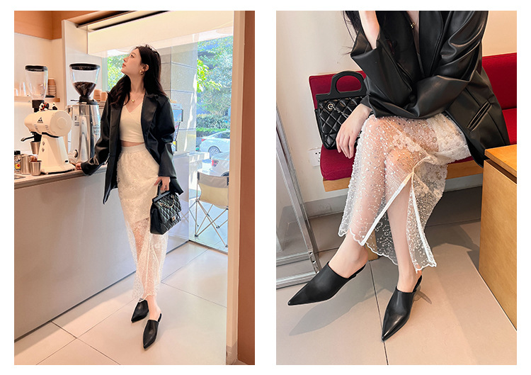 Dép mule nữ da cừu mềm mũi nhọn gót mèo 5 cm — Màu đen chi tiết 37