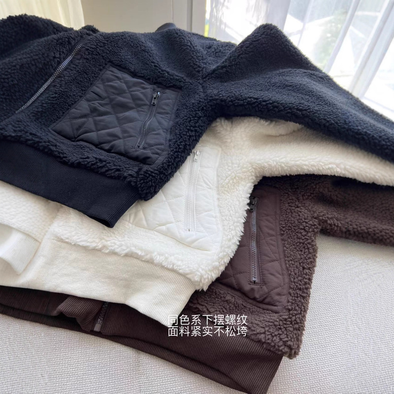 alo秋冬棕色羊羔毛连帽短外套加厚保暖运动休闲立领拉链夹克上衣|undefined