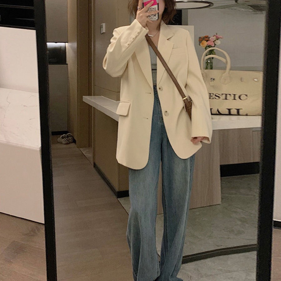 米白色小西装外套女2025秋新款韩系炸街小个子高级感西服氨纶