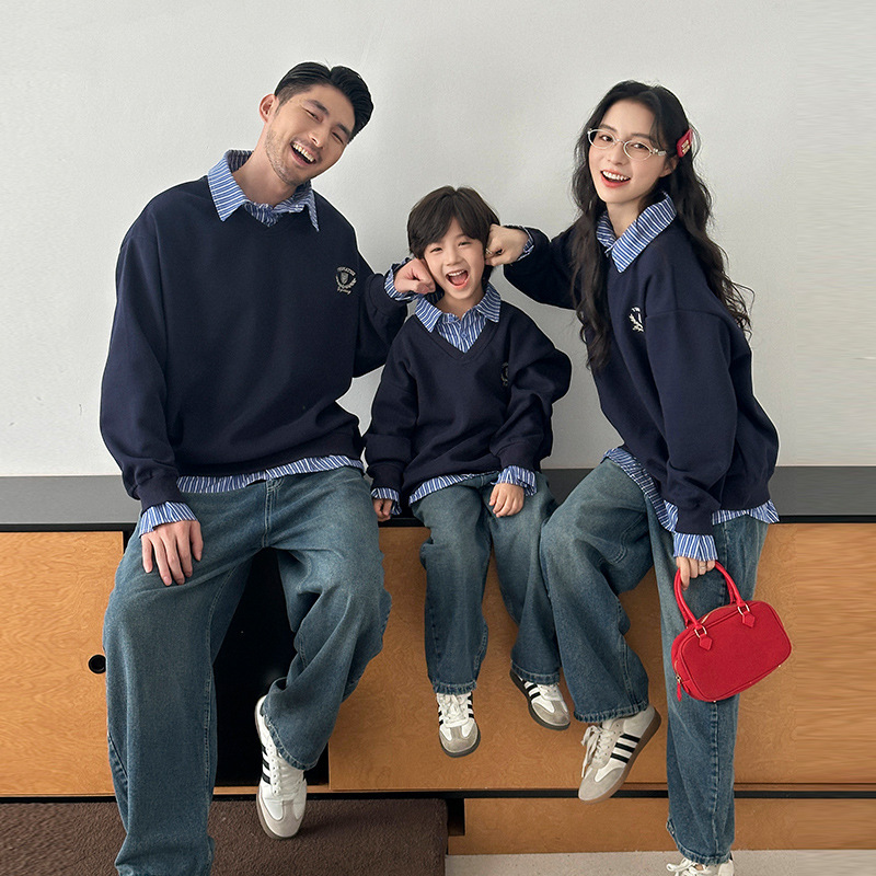 Heavyweight American-Style Faux Two-Piece Family Matching Sweatshirt with Shirt Collar, Autumn and Winter College Style, Trendy Tops and Jackets for Families of Three or Four Heavyweight American-Style Faux Two-Piece Family Matching Sweatshirt with Shirt Collar, Autumn and Winter College Style, Trendy Tops and Jackets for Families of Three or Four
