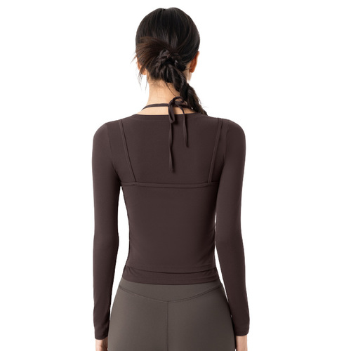 Nude Yoga Set with High-End Feelings, Women's Double Strap V-Neck Backless Top for Layering, Sportswear Top