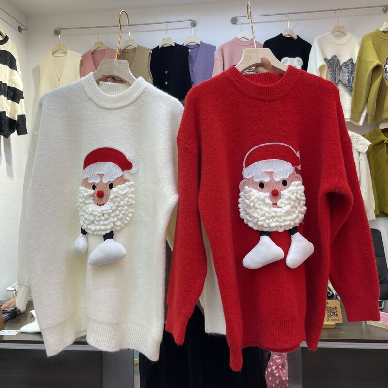 Autumn and winter women's new Santa Claus three-dimensional pattern sweater design sense niche loose round neck sweater wholesale
