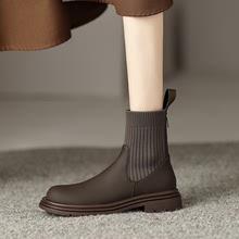 韓版簡約短筒毛線口平底彈力靴2022年冬季新款復古棕色小短靴女靴