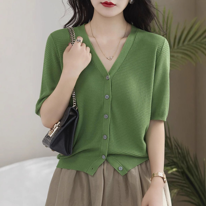 100kg Wearable V Neck T-Shirt for Women, Loose, Large Size, Fashionable, Popular Summer Style, Ice Silk Pure Color Knitwear Top