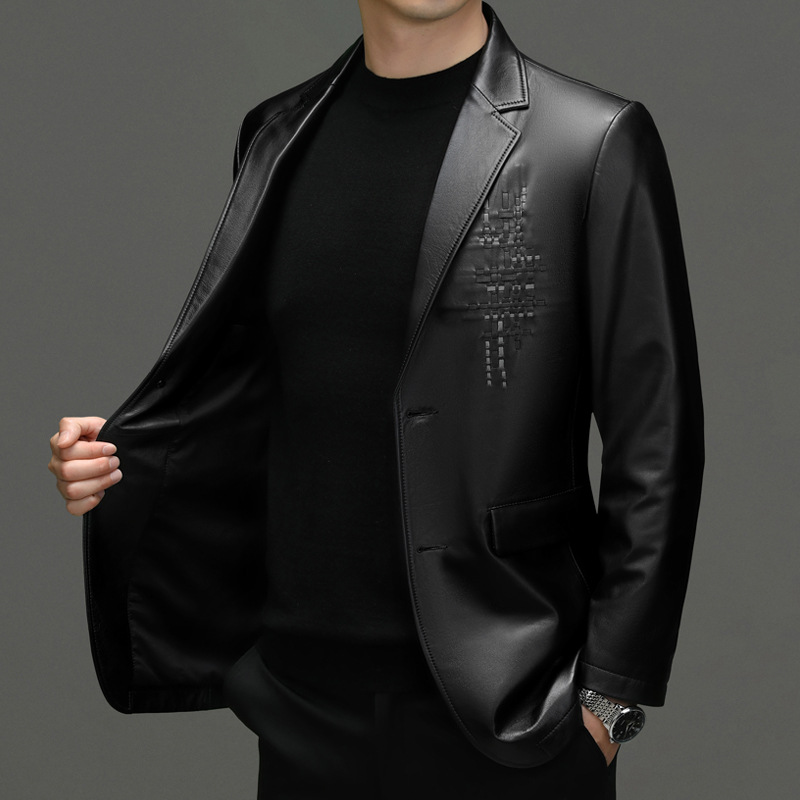 Haining Genuine Leather Jacket Men's Top Layer Cowhide Fashion Casual Middle-aged Suit Collar Spring And Autumn Jacket Men's Tops - 3