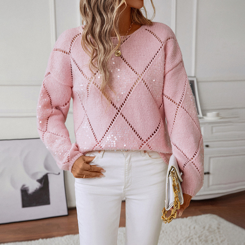 Cross-Border European and American Style Knitted Sweater Design Sequin Hollow Loose Pullover Rhombus Sexy Knitted Sweater for Women