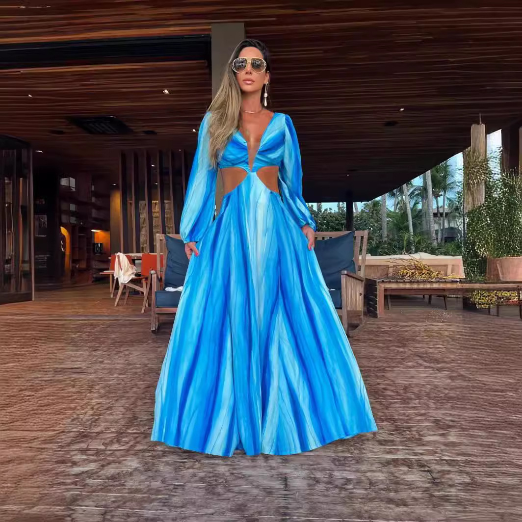 Women's Regular Dress Sexy V Neck Long Sleeve Stripe Maxi Long Dress Holiday Daily Beach display picture 2