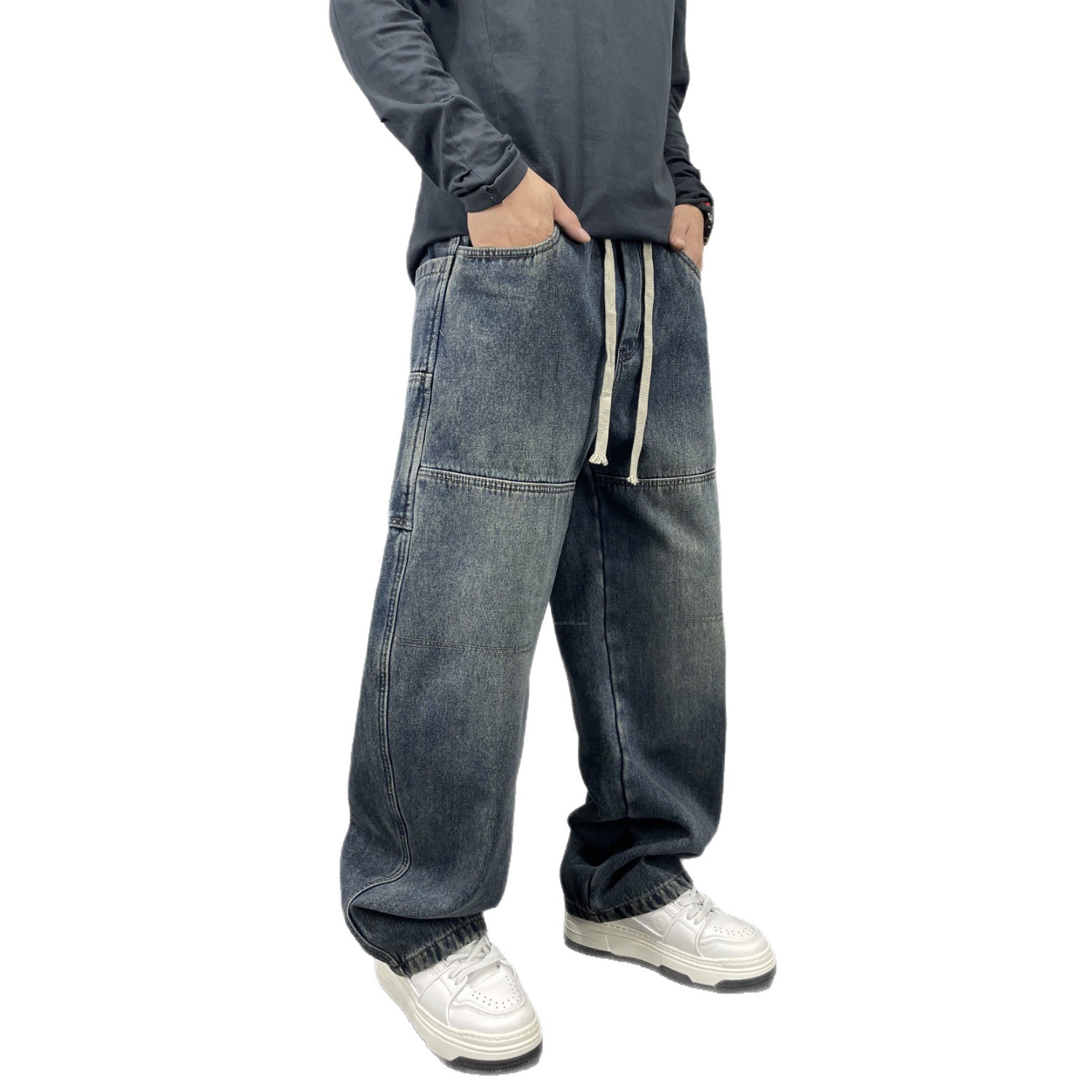 Men's High-Waisted Color-Block Jeans Blue & Black Loose Wide-Leg Straight Pants Hip Hop Style European American Trendy Brand_mkmklike.com