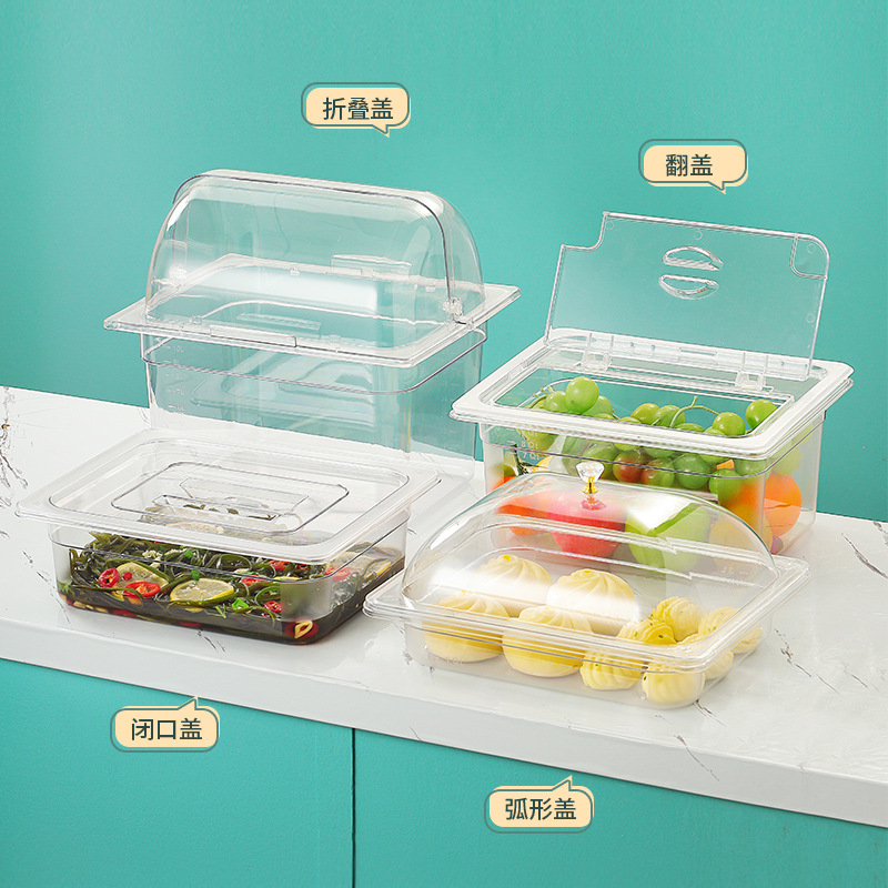 Acrílico bandeja de plato frío Pantalla de alimentos caja de porciones de plástico verduras guisadas puesto comercial encurtidos con tapa caja de conservación