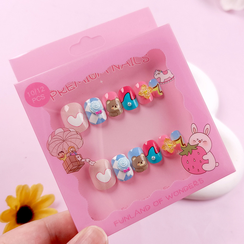Rainbow Heart Bear Nail Art Stickers Children's Cartoon Cute Nail Tips 12 Pieces Student Nail Stickers Mixed Pack