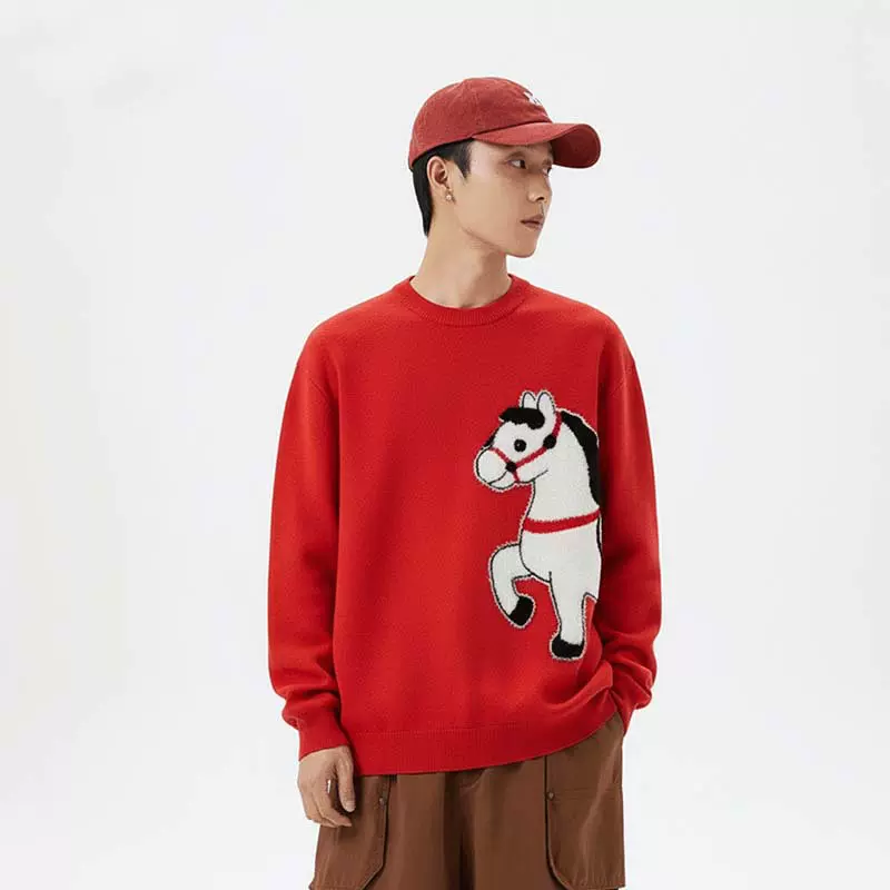 IZEXX潮牌马年红色圆领毛衣针织衫男秋冬新年本命年喜庆情侣上衣