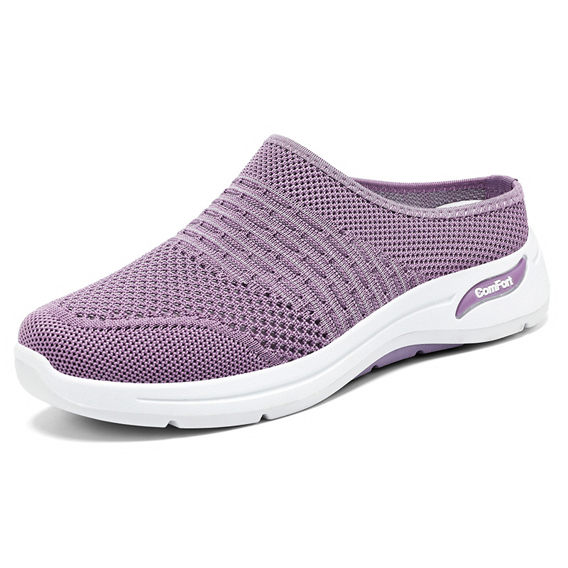 Zapatos de mujer verano nuevo estilo malla transpirable de un pie tejido volador suela suave zapatos casuales zapatos mujer todo fósforo medio arrastre al por mayor