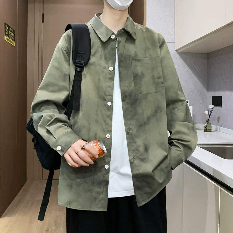 春秋季长袖衬衫男生初中高中学生扎染宽松衬衣青少年大童潮牌外套|undefined