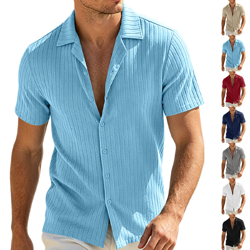 Camisas europeas de hombre transfronterizas de verano relajadas y casuales con solapa transpirables, toallas de color sólido, jacquard, camisas de manga corta