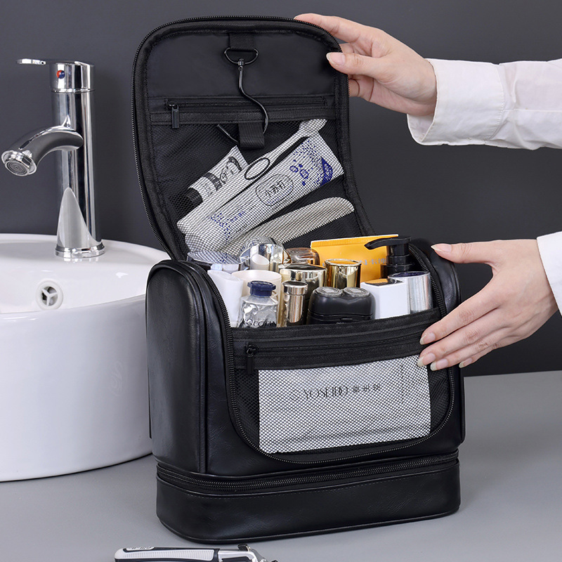Bolsa de lavado para hombres de gran capacidad colgante de doble capa transfronteriza, bolsa de almacenamiento de cosméticos de separación seca y húmeda portátil para viajes de negocios