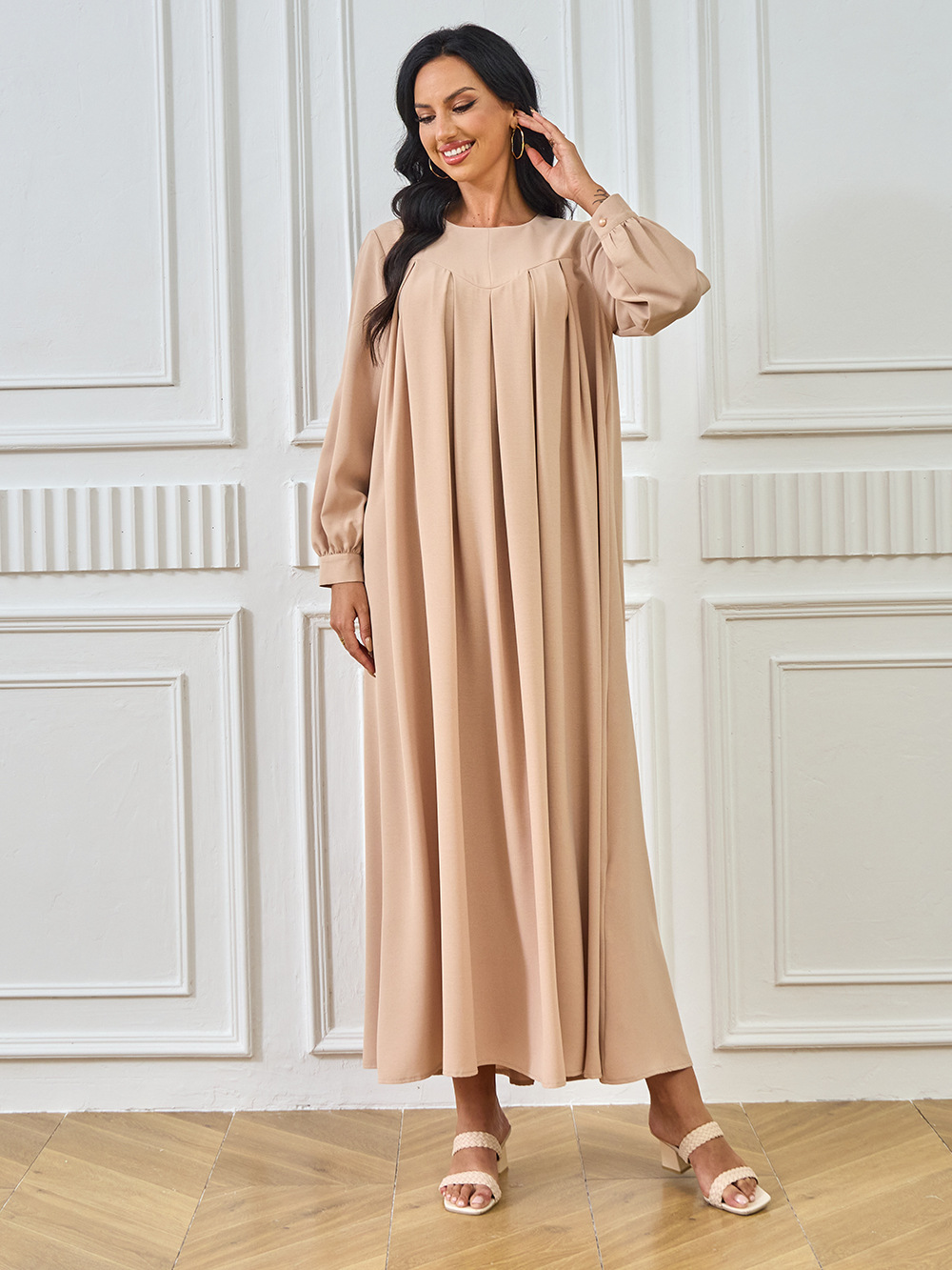 New Abaya Arab Cross-border Middle Eastern Muslim Robe Long-sleeved Solid Color Large Hem Dress Long Skirt Women's_ecoleips.com