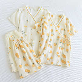 日系纯棉纱布女和服睡衣短袖短裤夏季薄款大码全棉系带家居服套装