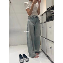 重工钉珠直筒牛仔裤女2024年春季新款高腰款式显瘦时尚阔腿拖地裤