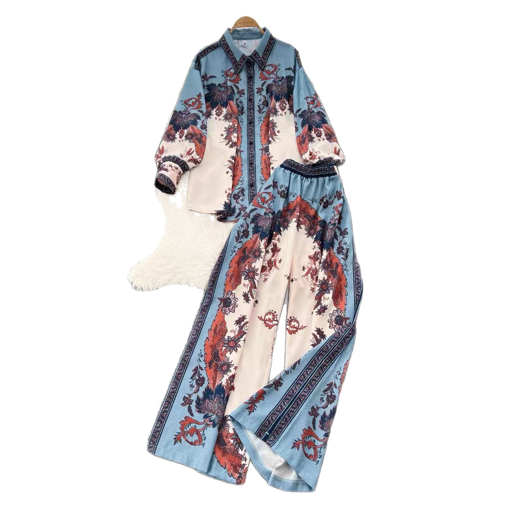 Women's European Style Chic Printed Shirt And Pants Set Casual Long Sleeve Loose Fit High Waist Wide Leg Straight Pants Autumn Wear_ecoleips.com