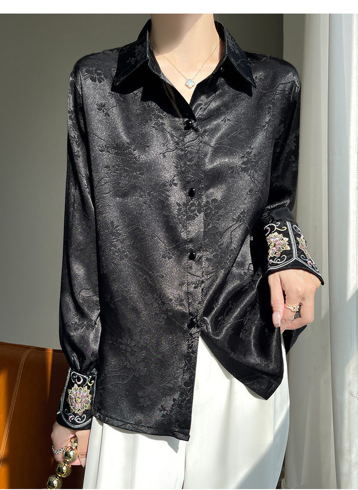 Áo sơ mi nữ dài tay cổ sơ mi thêu hoa văn jacquard chất satin cao cấp — Màu be, Màu hồng, Màu đen chi tiết 17