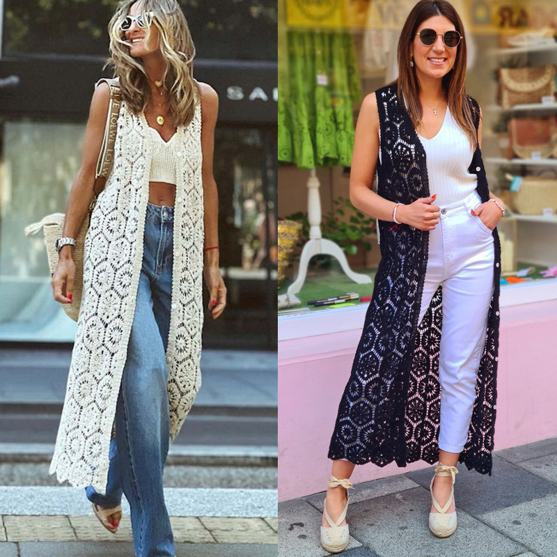 Hollow Knitted Vest Blouse for Women in Spring and Summer, Long Over-The-Knee Sleeveless Cardigan, Shawl, Versatile Vest Dress