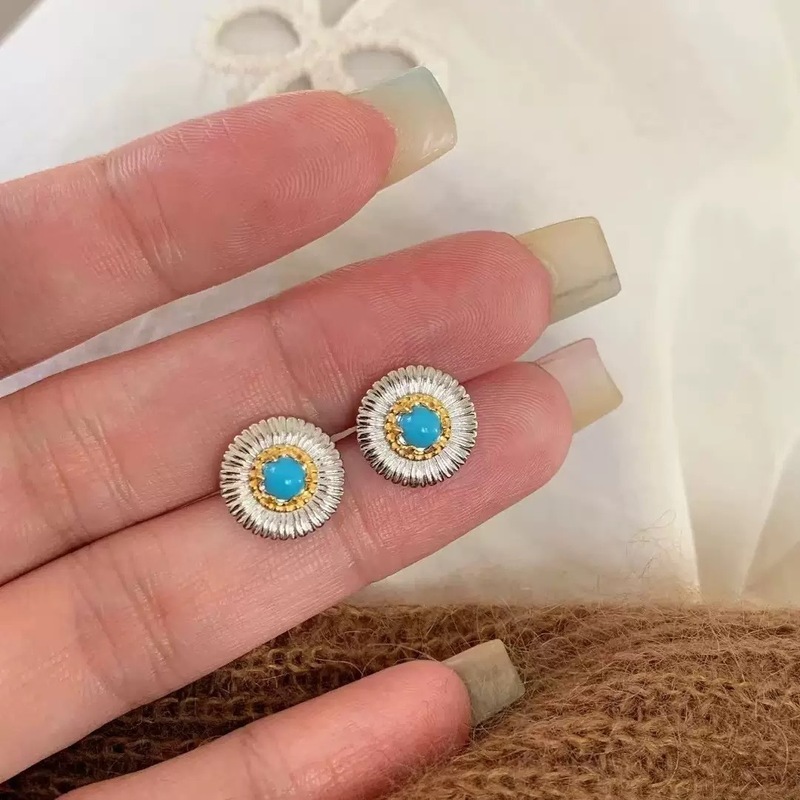 S925纯银中古风绿松石雏菊耳钉分色小清新森系复古气质高级感耳饰|undefined