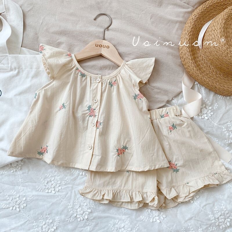 2025 Girls Summer Suspender Flying Sleeve Two-Piece Set Travel Summer Children's Suit Front and Back Wholesale