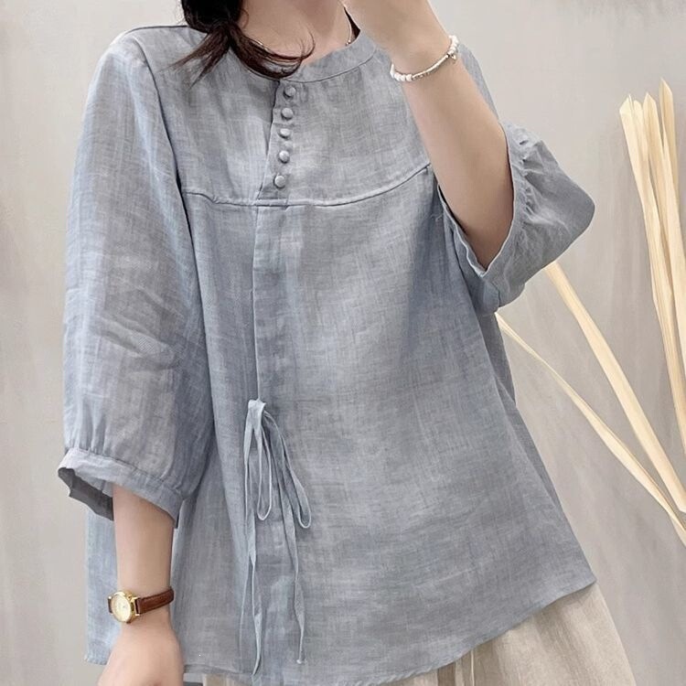 Vintage Cotton and Linen Women's Tie-Front Top, Round Neck, New Summer Style, Loose Artistic Temperament Five-Point Shirt