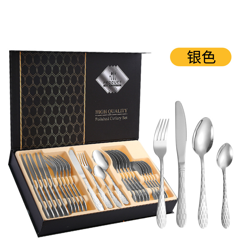 Cuchilleras de acero inoxidable 24 piezas de restaurante de hotel cuchillo y tenedor cucharas conjuntos conjuntos de caja de regalo de serie de cubo de agua transfronteriza