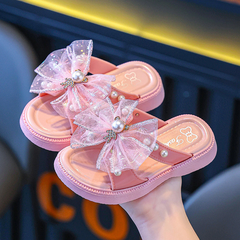 Zapatillas de malla de encaje de niñas de verano nuevas niñas con suela suave de perlas zapatos de princesa de tacones planos de moda casera