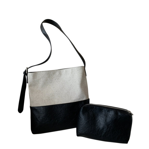 乔戈夏新款单肩水桶包亚麻布料拼接PU简约大容量手提包斜挎子母包