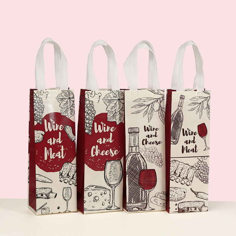 Printed Beige Wine Bag Wine Bag Waterproof Takeaway Bag Wholesale Portable Red Wine Bag Party Gift Packaging Bag