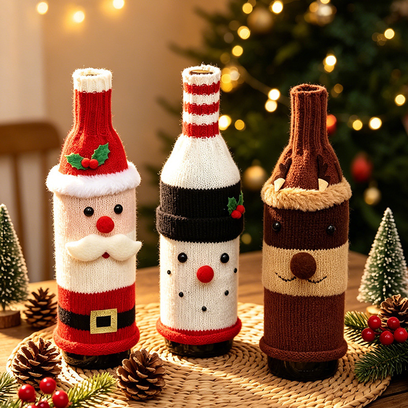 Cross-border new Christmas decorations knitted velvet red wine bottle cover creative old man wine bottle hat table decoration