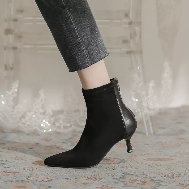 韩版时装短靴女秋冬新款绒面皮革拼接尖头细跟舒适后拉链瘦瘦靴子