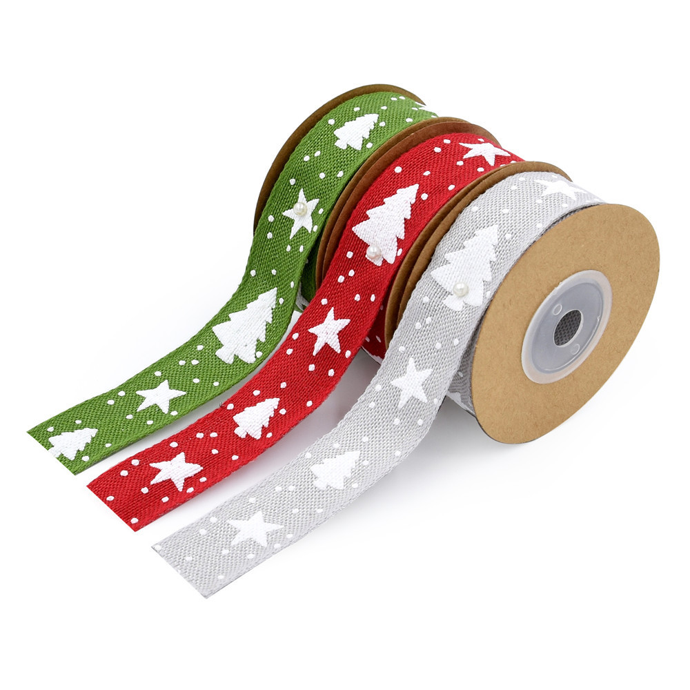 Transfronteriza Navidad nueva cinta de algodón impresa árbol de Navidad decoración regalo embalaje cinturón dos lados Alambre de hierro 5 yardas en stock