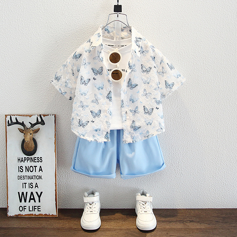 8142 Traje de verano para niños 2025 Nuevo estilo Camisa de manga corta de moda para niños Pantalones cortos Ropa de bebé de dos piezas de moda