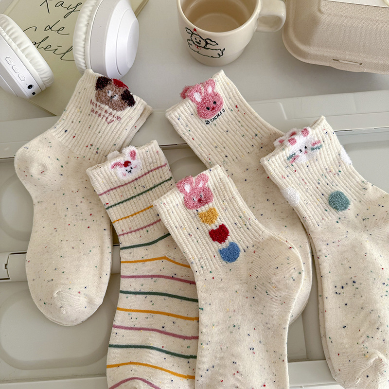 Early Spring New Arrival Point Yarn Mid-Socks Women's Creative Striped Cartoon Rabbit White Socks Ins Trendy Academic Style