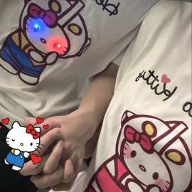 纯棉发光KT猫情侣装潮牌卡通女童夏季新款眼睛闪光情侣T恤亲子装