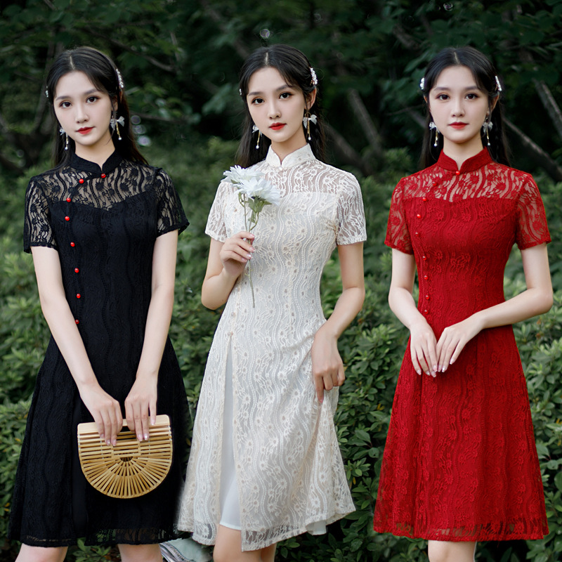 2023新款红色短袖蕾丝旗袍复古改良版修身奥黛连衣裙新娘服旗袍裙