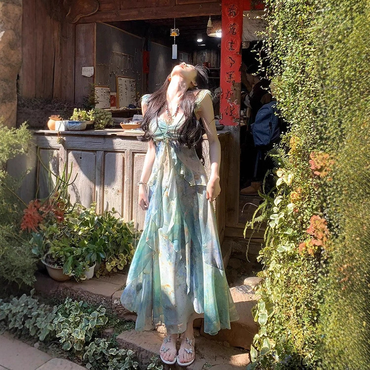 "Floating Summer in the Forest" 2025 Spring and Summer New Design Resort Style Printed Bohemian Fairy Dress