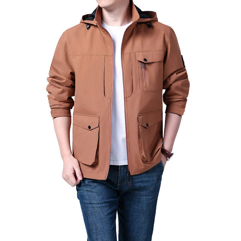 Primavera y otoño al aire libre suelta de tamaño grande chaqueta de hombre de mediana edad desmontable sombrero impermeable abrigo de asalto casual abrigo