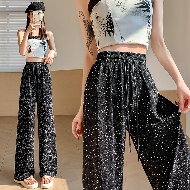Ice Silk Pants for Women, Summer Thin High-Waisted Drapey Shiny Rhinestone Wide-Leg Pants, Petite Straight Casual Floor-Length Pants
