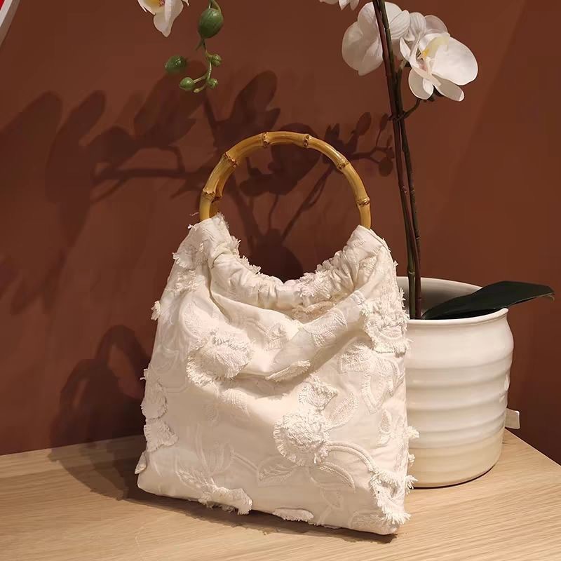 원래 수제 문학 복고풍 새로운 중국 예술적 질감 자수 술 목화 흰색 꽃 대나무 가방