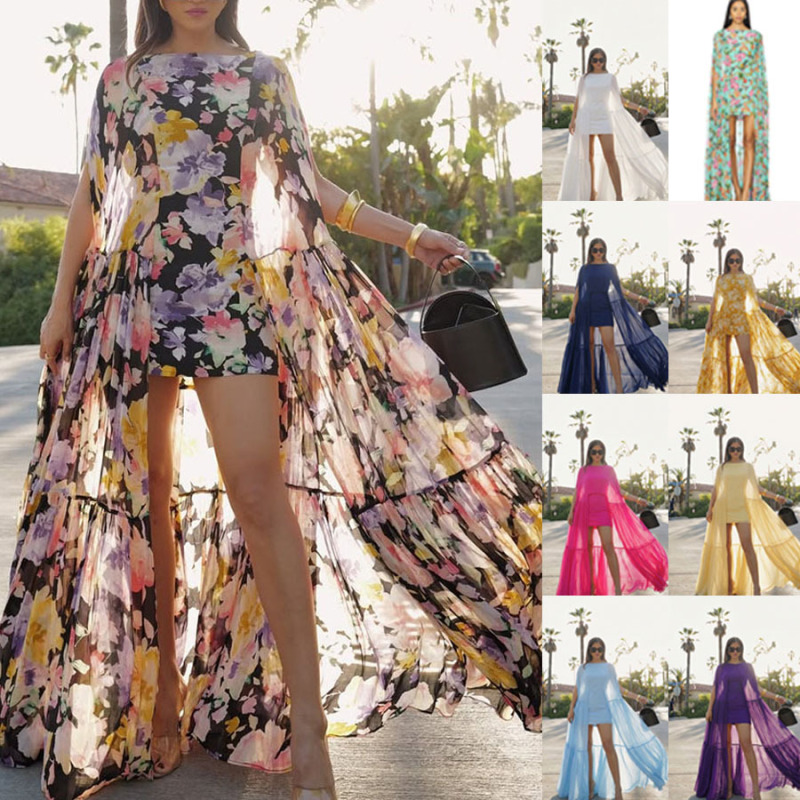 Cross-Border 2026 European and American Spring/Summer New Chiffon Printed Multi-Layer Dress Ins Casual Vacation Loose Flared Dress