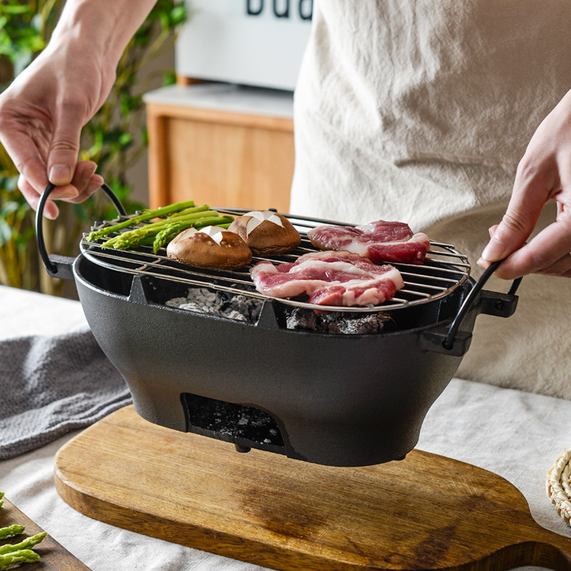Pequeña felicidad hierro fundido horno barbacoa oval placa de barbacoa hogar al aire libre portátil multifunción horno durable